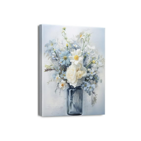 Flowers Wall Art Vintage Blue White Floral Canvas Pictures for Wall Decor Retro Botanical Glass Bottle Canvas Painting Rustic Wooden Board Canvas Prints Living Room Bedroom Wall Decor 8" X 10"