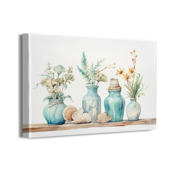 Flowers Wall Art Vintage Blue White Floral Canvas Pictures for Wall Decor Retro Botanical Glass Bottle Canvas Painting Rustic Wooden Board Canvas Prints Living Room Bedroom Wall Decoration 16" X 12"