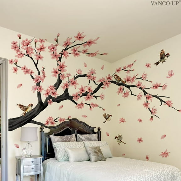 Flowers Wall Decals Stickers Vinyl Removable Peel and Stick Colorful bird Floral Wall Murals Decor tree wall decals Peel and Stick Wall Art Decals Bedroom Living Room Nursery (Cherry Blossoms)