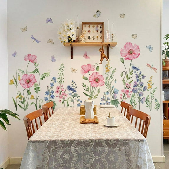 Flowers Wall Decals Vinyl Summer Flowers Wall Stickers Removable Floral Wall Murals Peel and Stick Colorful Flower Wall Decor for Girls Bedroom Living Room Nursery