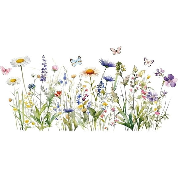 Flowers Wall Decals Wall Decor Boho Flower Stickers, Wildflower Dandelion Grass Wall Art Murals, 3D Flower Pattern Self-Adhesive Wall Stickers for Girls Bedroom Living Room Nursery Decor