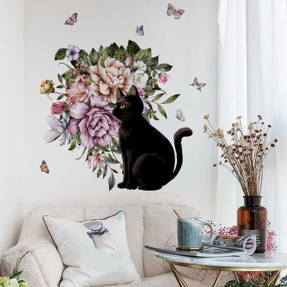 Flowers Wall Stickers Peony Rose Wall Decals Black cat wall decals for Living Room, Peonies Wall Art Murals Delicate Blossom Art Applique Delicate Peony Floral Wallpaper for Bedroom Girls Room