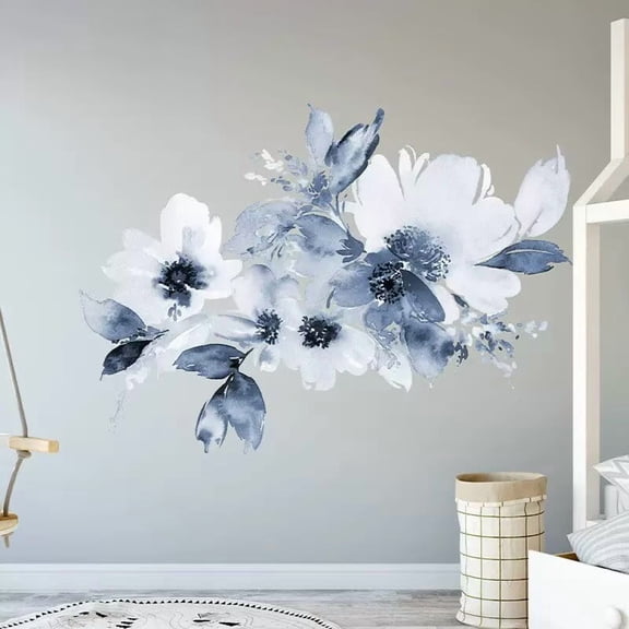 Flowers Wall Stickers Watercolor Black White Blue Peony Nature Plant Vinyl Removable Peel and Stick Wall Decals Art Picture Decorations Decor for Teens Girls Bedroom Living Room Murals