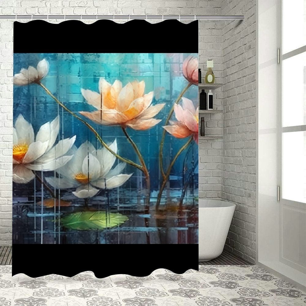 Flowers Washable Shower Curtain Set with Hooks, Waterproof Bathroom ...