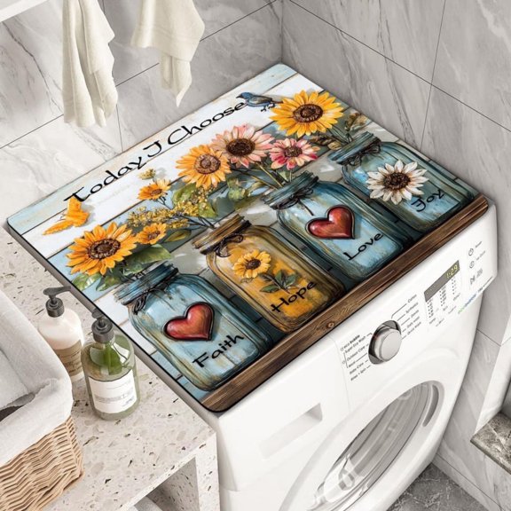 Flowers Washer Dryer Dust Cover Mat for Top 19.7" x 23.6" Creative Washing Machine Dust Cover Pad Non-Slip Drying Mat Top Protector Mat for Kitchen Laundry Room