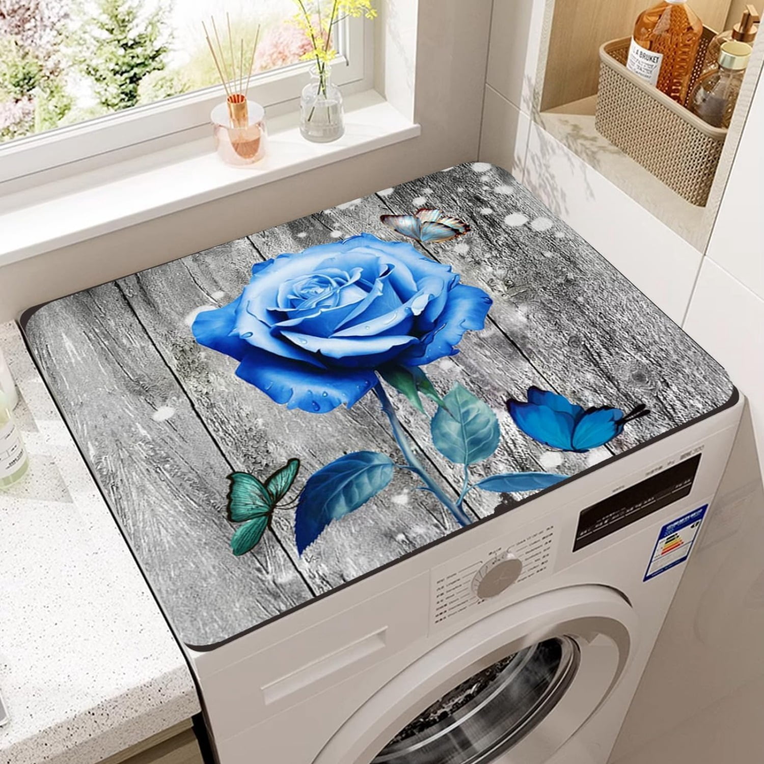 Flowers Washer Dryer Top Cover Mat Dust Cover Pad for Washer Dryer,Creative Anti-slip Washing Machine Top Protector Mat for Laundry Room (Laser Gilding, 23.6" x 19.7")