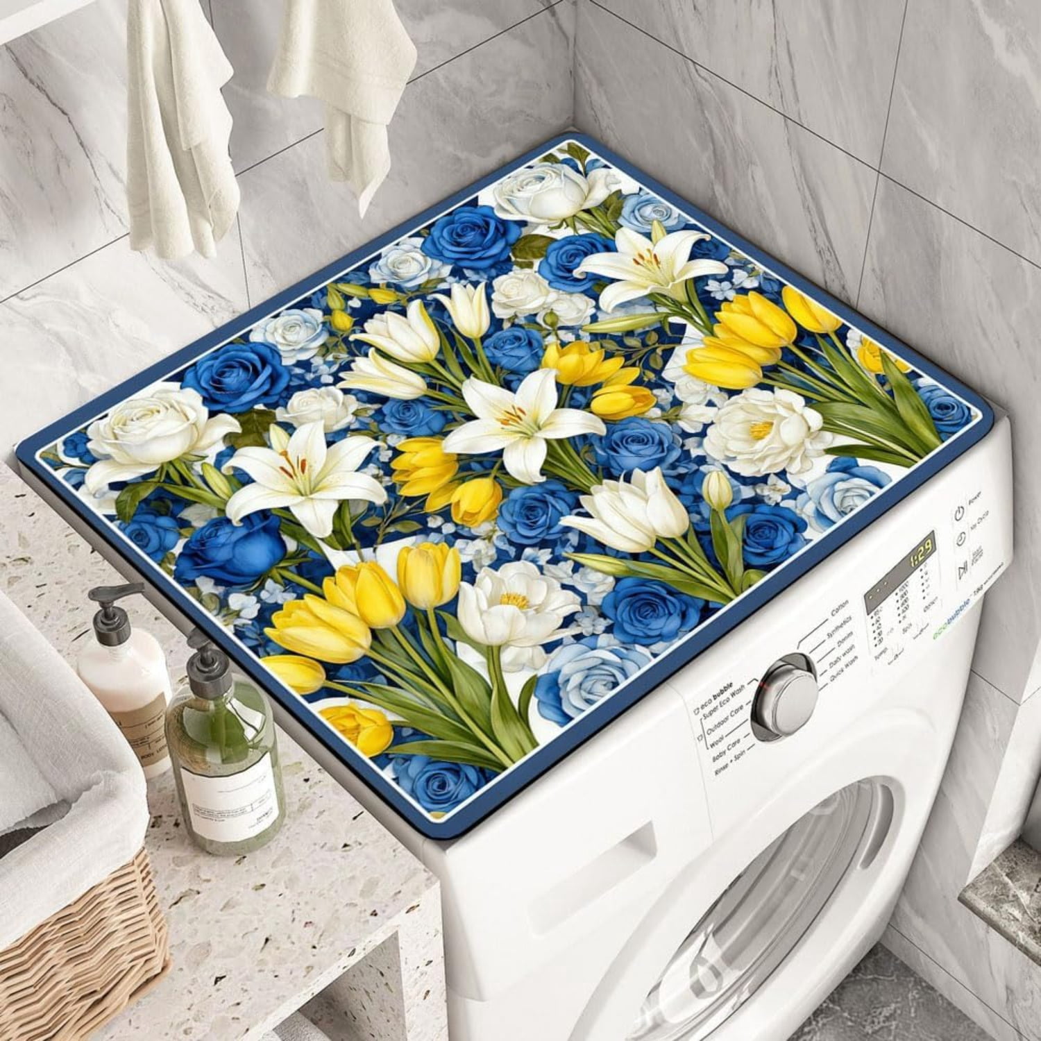 Flowers Washer Dryer Top Cover Mat Dust Cover Pad for Washer Dryer,Creative Anti-slip Washing Machine Top Protector Mat for Laundry Room (Laser Gilding, 23.6" x 19.7")