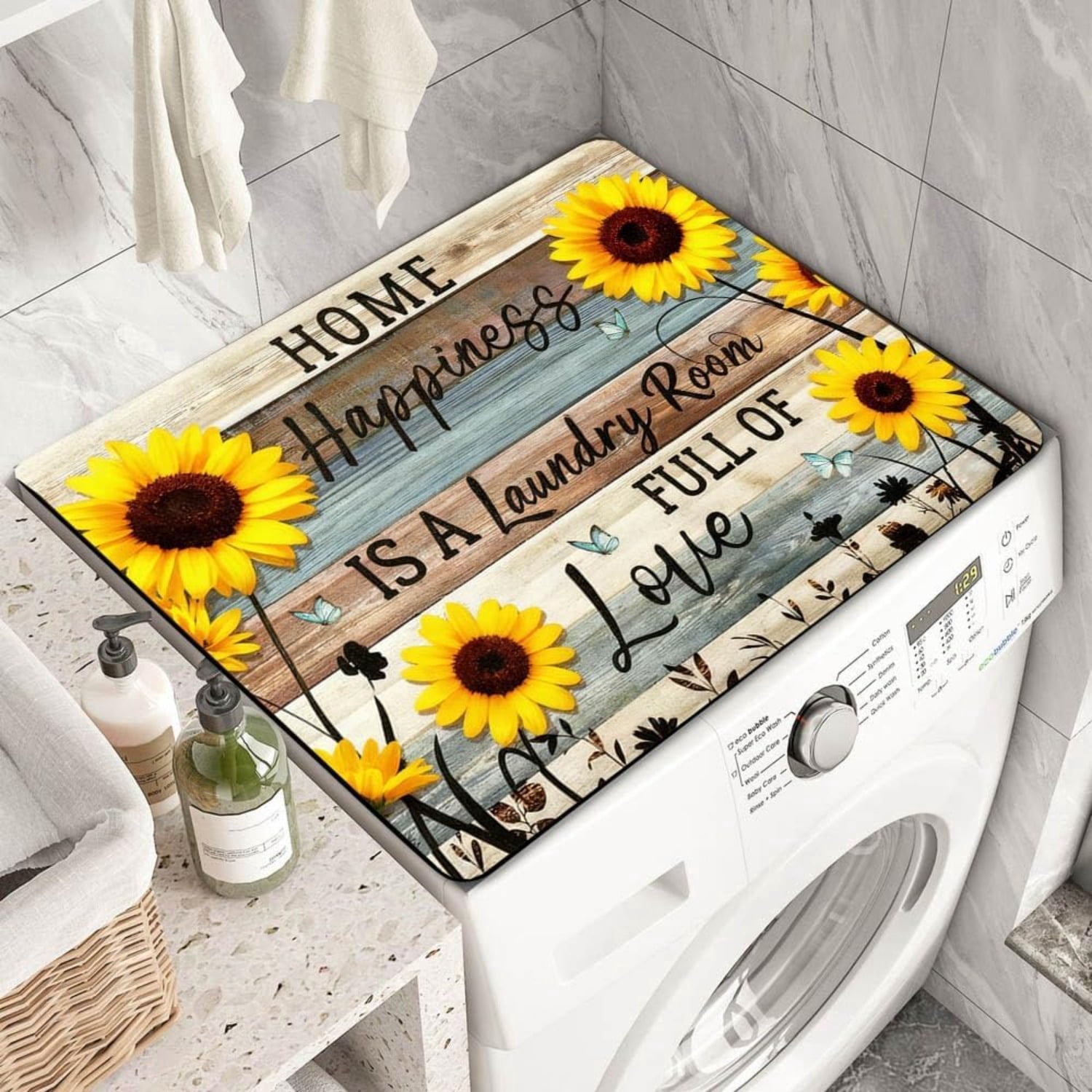 Vintage Sunflower Washer Dryer Top Cover, Retro Farmhouse Non-Slip Washing Machine Mat, Laundry Room Countertop Protector Pad, 23.6" x 19.7"
