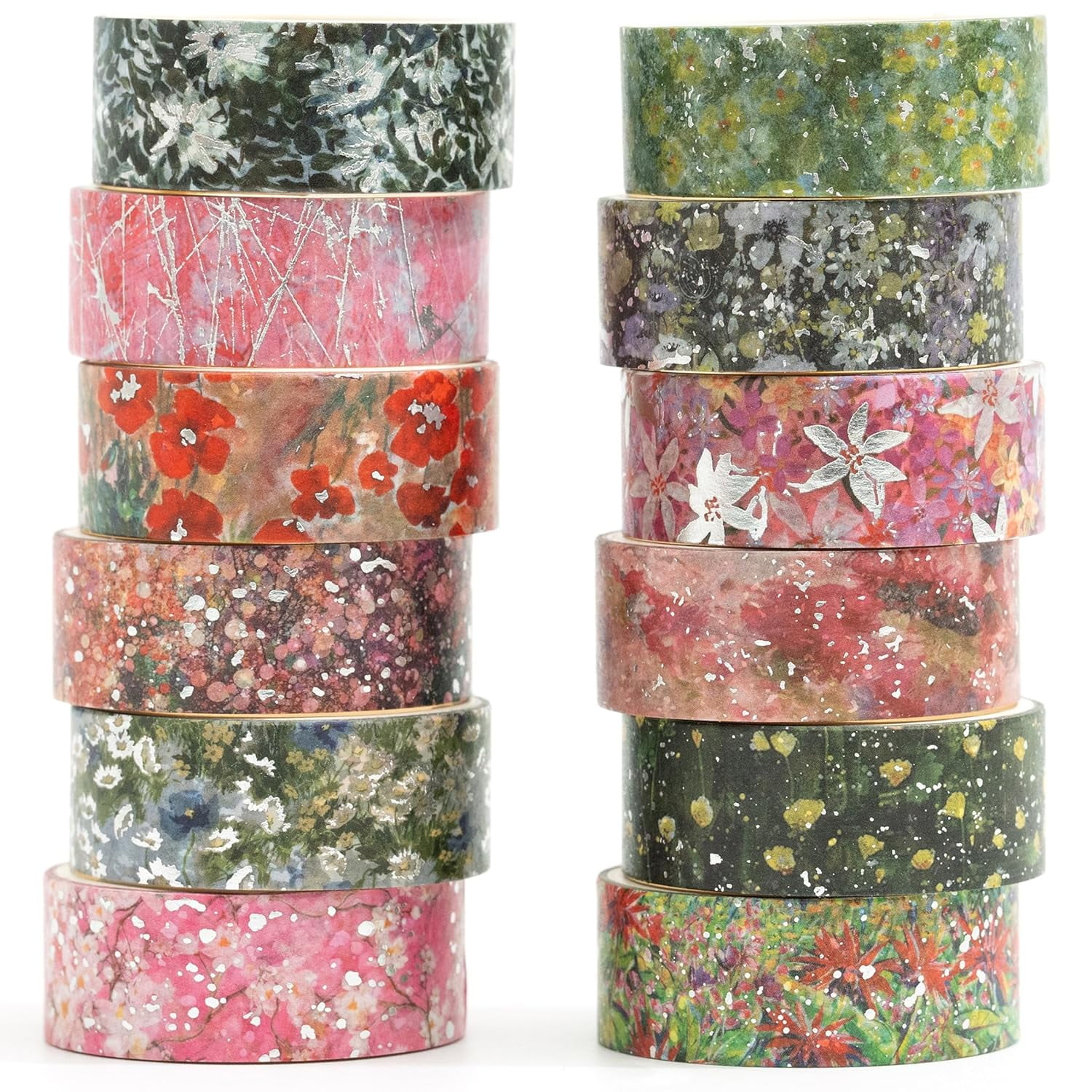 Flowers Washi Tape Set Floral Arts Adhesive Tapes Splast Silver Decorative Masking Tape Sets for Craft, Scrapbook, DIY, Gift Wrapping (Pinky Bloom)