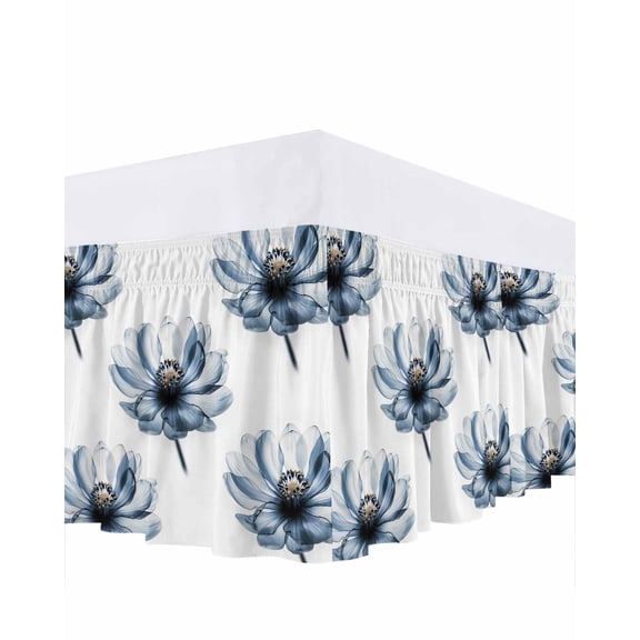 Flowers Watercolor Floral Bed Skirt Queen Size 16" Drop Plant Stamens Overlay White Background Ruffled Wrap Around Bed Skirts Adjustable Elastic Bedskirt Dust Ruffle for Queen Size Bed