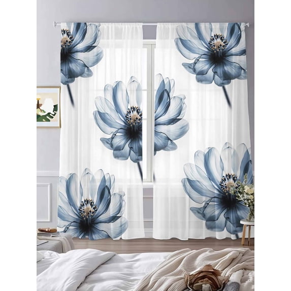 Flowers Watercolor Floral Sheer Curtains 108 inches Long 2 Panels Set Plant Stamens Overlay White Background Tiers Sheers Rod Pocket Small Window Short Curtains for Kitchen Cafe, Each 52" W x 108" L