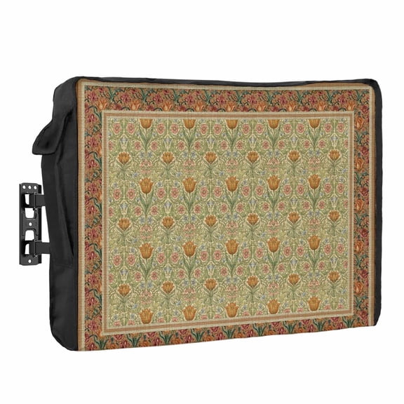 Flowers Waterproof Outdoor TV Cover, Ethnic Abstract Yellow Pink Floral Leaf Rustic Border Outside Weatherproof TV Enclosures for 30 to 32 Inch LCD Television Shield Flat Screen Protectors
