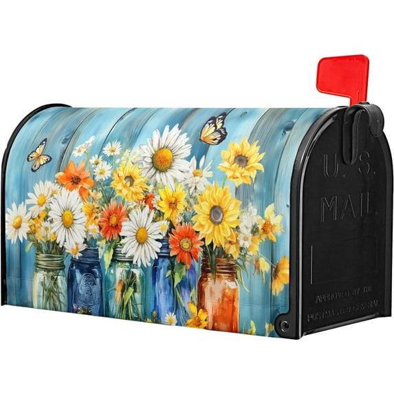 Flowers Welcome Mailbox Cover Spring/Summer Daisy Mailbox Covers Magnetic Standard Size 21" X 25.5" Colorful Flowers Holiday Mailbox Wrap Post Letter Box Cover Decorative for Home Outdoor Yard Garden