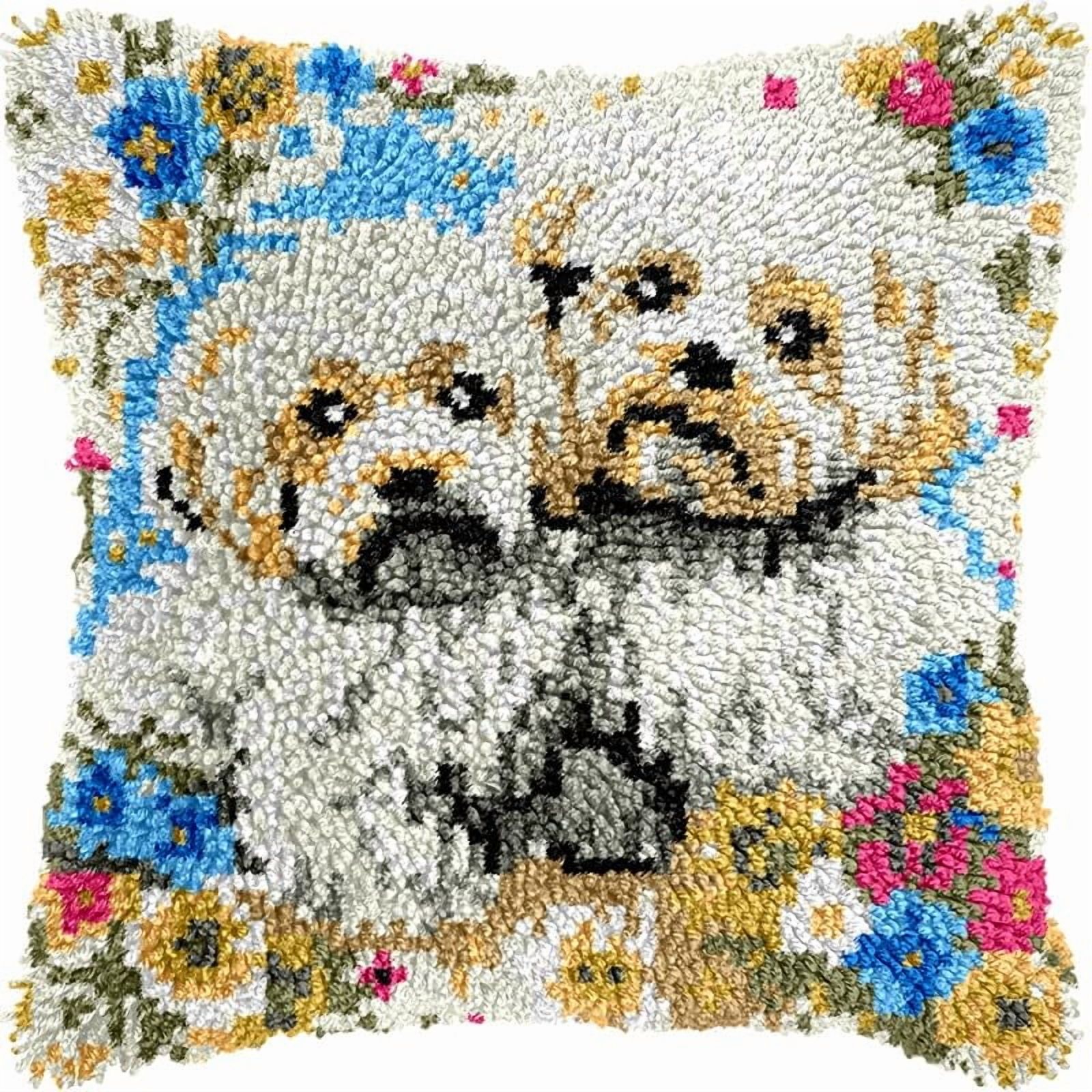 Flowers Westie Dog Latch Hook Pillow Kits for DIY Handmade Throw Pillow Cushion Cross Stitch Latch Hooking Pillowcase Kits with Preprinted Canvas Crochet Yarn 17''X 17''(Y72)