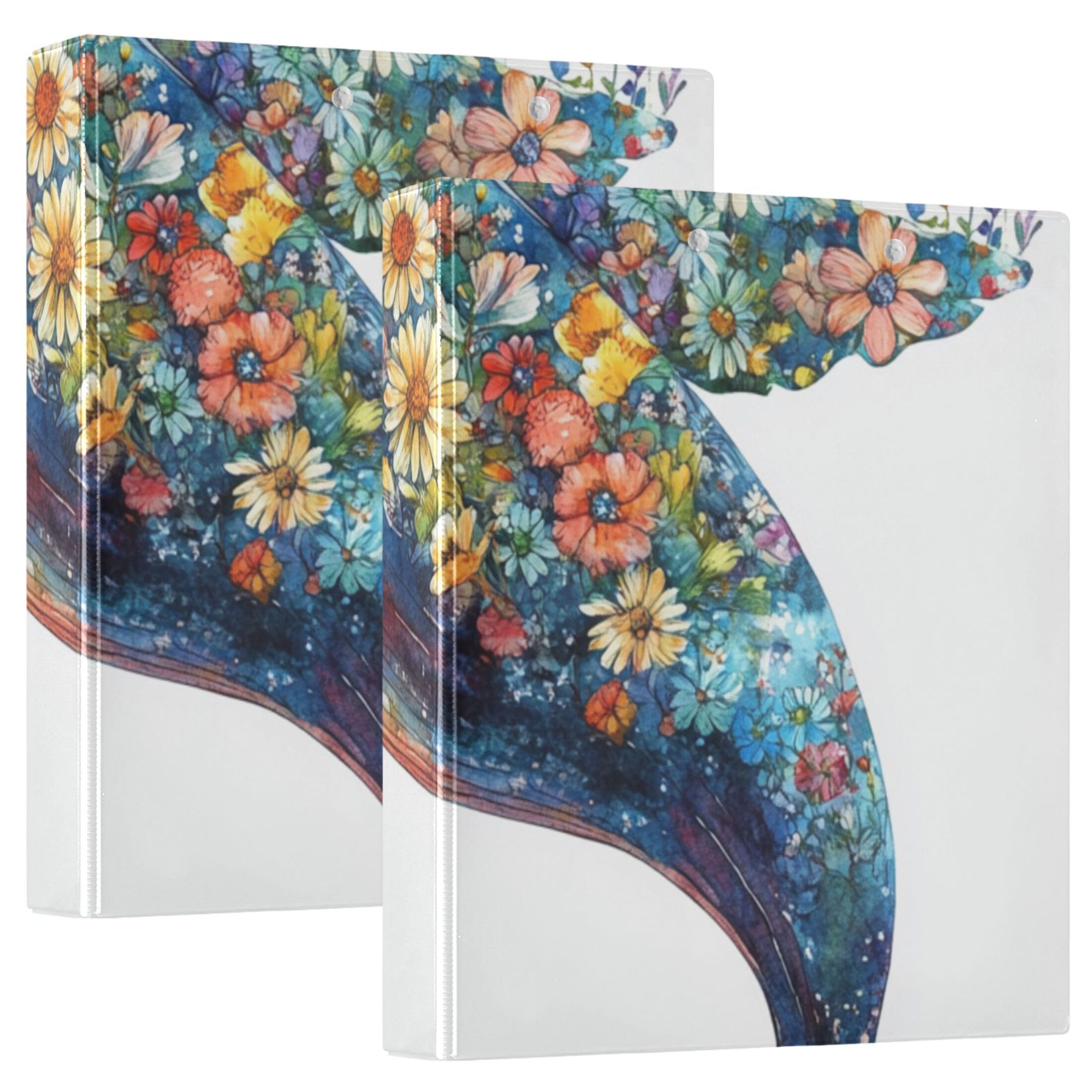 Flowers Whale 3 Ring Binders 1.5 inch Hardcover File Folders with Interior Pockets A4 Size Organizer for School Office Hospital