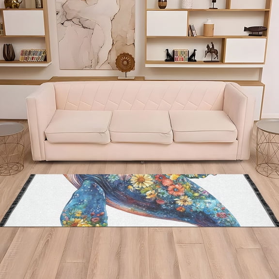 Flowers Whale Runner Rug Non-Slip Area Rugs Linen Washable Non Shedding for Kitchen Bedroom Carpet