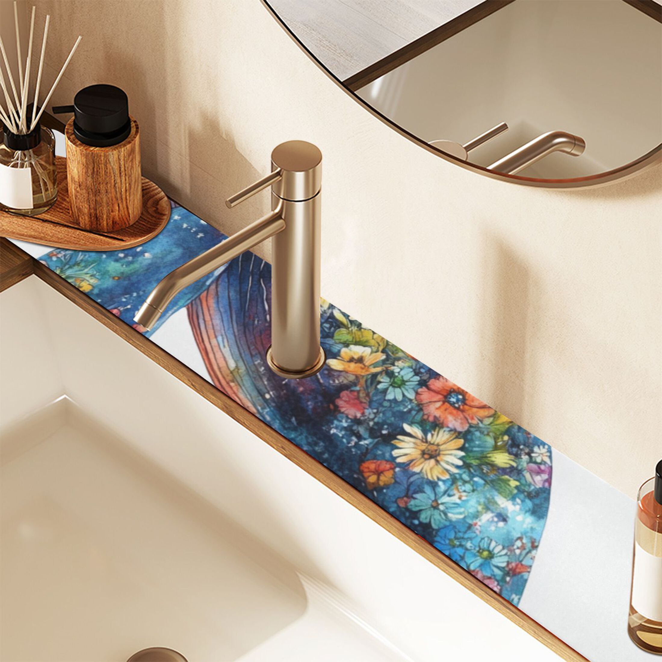 Flowers Whale Sink Splash Guard Faucet 30x5.4in Drying Mat Drying Mat Absorbent Pad for Bathroom Kitchen 2PCS