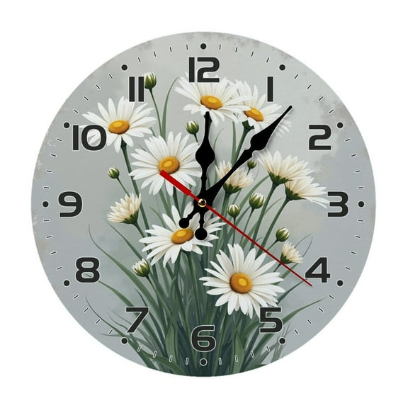 Flowers White Daisies Wall Clock 10 Inch Silent Non Ticking Round Wooden Clock Decoration for Living Room Kitchen Bedroom Bathroom Office Classroom