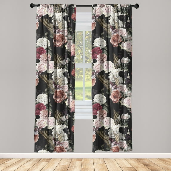 Flowers Window Curtains, Blossoming Roses Detailed Watercolor Painting Romantic Bouquet Fern Leaves, Lightweight Decor 2-Panel Set with Rod Pocket, Pair of - 28"x84", Black Multicolor, by Ambesonne