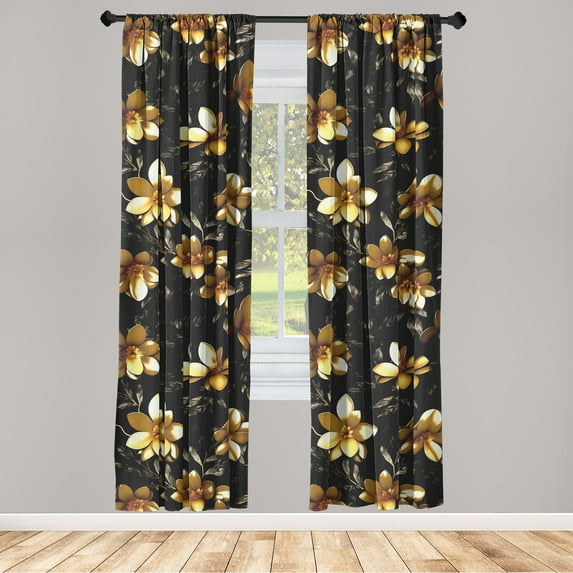 Flowers Window Curtains, Earthy Black Floral Pattern with Blurry Leaves and Autumnal Petals, Lightweight Decor 2-Panel Set with Rod Pocket, Pair of - 28"x95", Black Dark Taupe Caramel, by Ambesonne