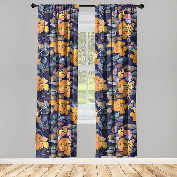 Flowers Window Curtains, Floral Ornamental Watercolor Art Print of Abstract Roses and Leaves, Lightweight Decor 2-Panel Set with Rod Pocket, Pair of - 28"x63", Indigo Marigold Ceil Blue, by Ambesonne