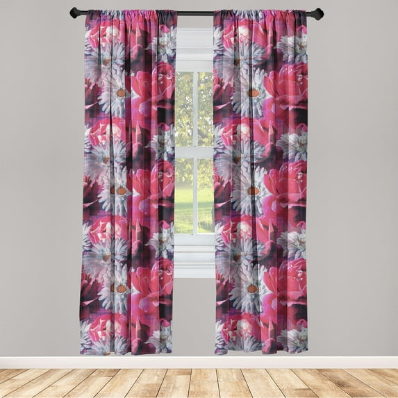 Flowers Window Curtains, Garden of Blooming Romance Weathered Concept Grunge Peony and Gerbera, Lightweight Decor 2-Panel Set with Rod Pocket, Pair of - 28"x95", Pink Pale Grey Purple, by Ambesonne