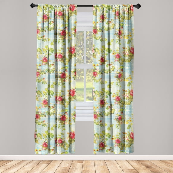 Flowers Window Curtains, Tropical Hibiscuses Floral Pattern on Weathered Beige Blue Backdrop, Lightweight Decor 2-Panel Set with Rod Pocket, Pair of - 28"x63", Apple Green and Dark Pink, by Ambesonne