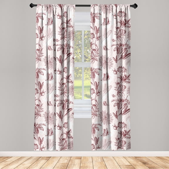 Flowers Window Curtains, Vintage Springtime Garden Floral Pattern on Chevron Backdrop Print, Lightweight Decor 2-Panel Set with Rod Pocket, Pair of - 28"x63", Chocolate and Pale Pink, by Ambesonne