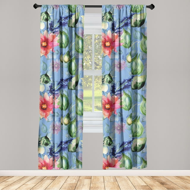 Flowers Window Curtains, Watercolor Design Garden of Blooming Flowers and Leaves Print, Lightweight Decor 2-Panel Set with Rod Pocket, Pair of - 28"x84", Ceil Blue Dark Pink and Green, by Ambesonne