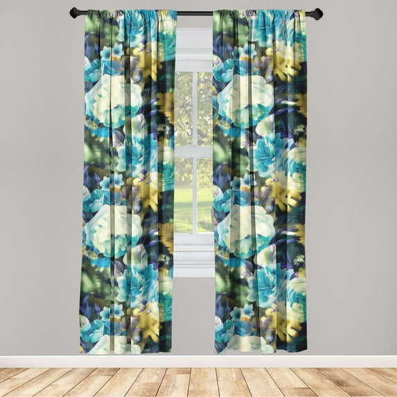 Flowers Window Curtains, Wild Blooming Floral Botanical Pattern in Abstract Cold Colors Modern Nature, Lightweight Decor 2-Panel Set with Rod Pocket, Pair of - 28"x63", Mustard Teal Blue, by Ambesonne