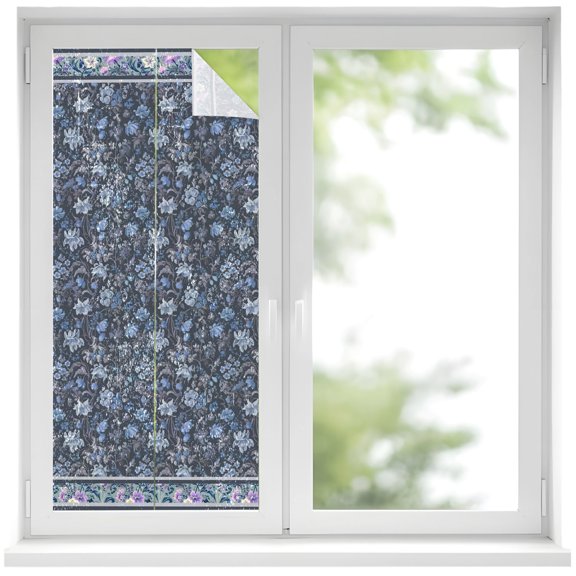 Flowers Window Privacy Film, Ethnic Abstract Blue Purple Floral Retro Leaf Frosted Glass Window Clings Static Cling UV Heat Blocking Reusable Door Sticker for Bathroom 17.7 x 39.3 Inch
