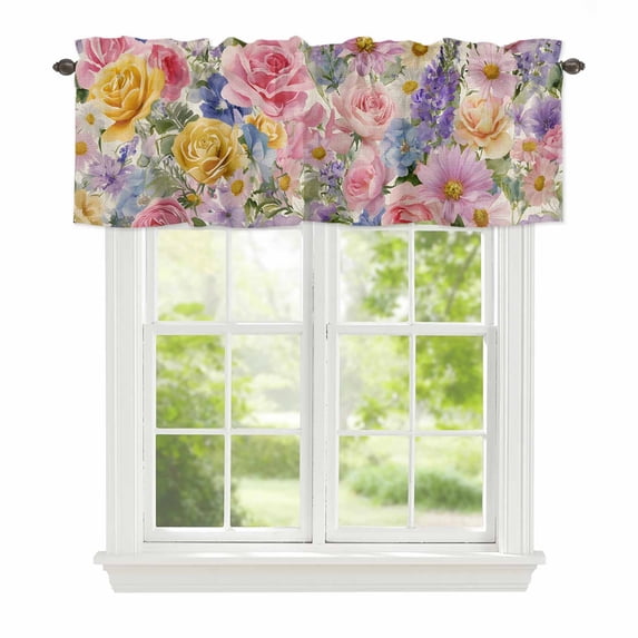 Flowers Window Valance for Kitchen, Spring Watercolor Colored Floral Linen Texture Rod Pocket Short Curtain for Small Windows, Light Filtering Decorative Valance, 54 x 18 Inch