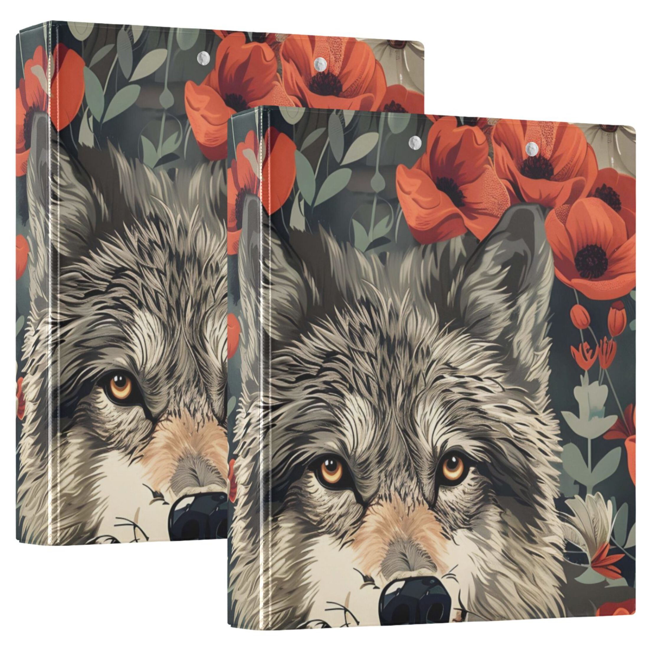 Flowers Wolf Poppy 3 Ring Binders 1.5 inch Hardcover File Folders with Interior Pockets A4 Size Organizer for School Office Hospital