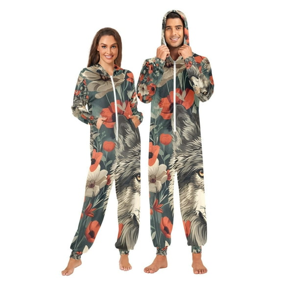 Flowers Wolf Poppy Adult Onesie Pajamas Slim Fit Christmas One Piece Suit Pjs for Women and Men Hooded Zipper