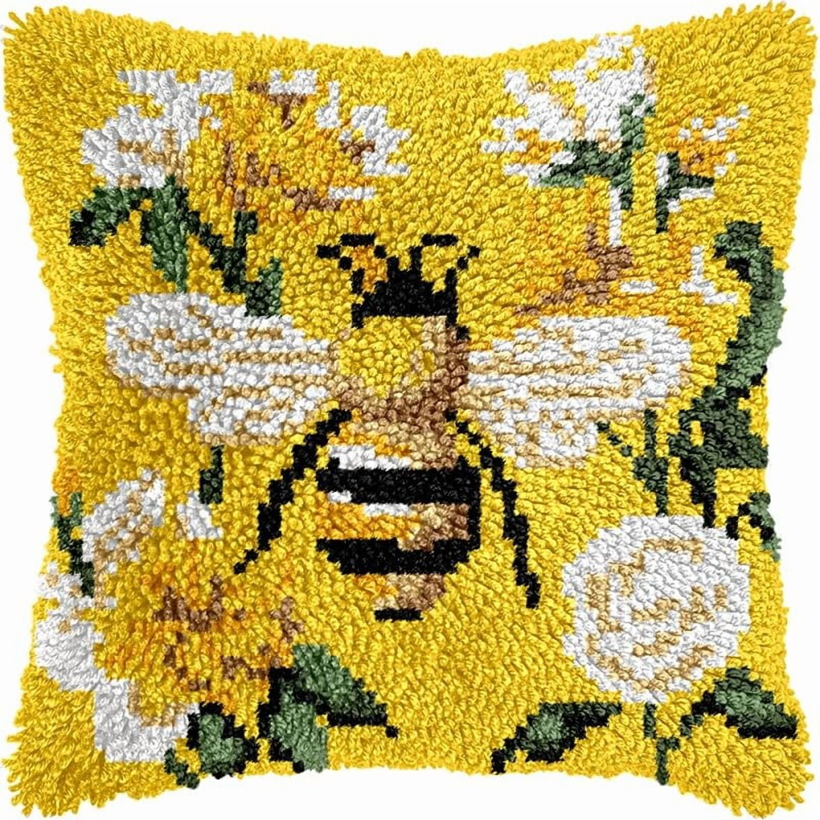 Yellow Flowers Bee Latch Hook Pillows Kits Cushion Pillow Cover with Pattern Printed Canvas Sofa Hooking Pillowcase Crafts Embroidery Latch Hooking Crochet Kits Set 17x17 inch(1)