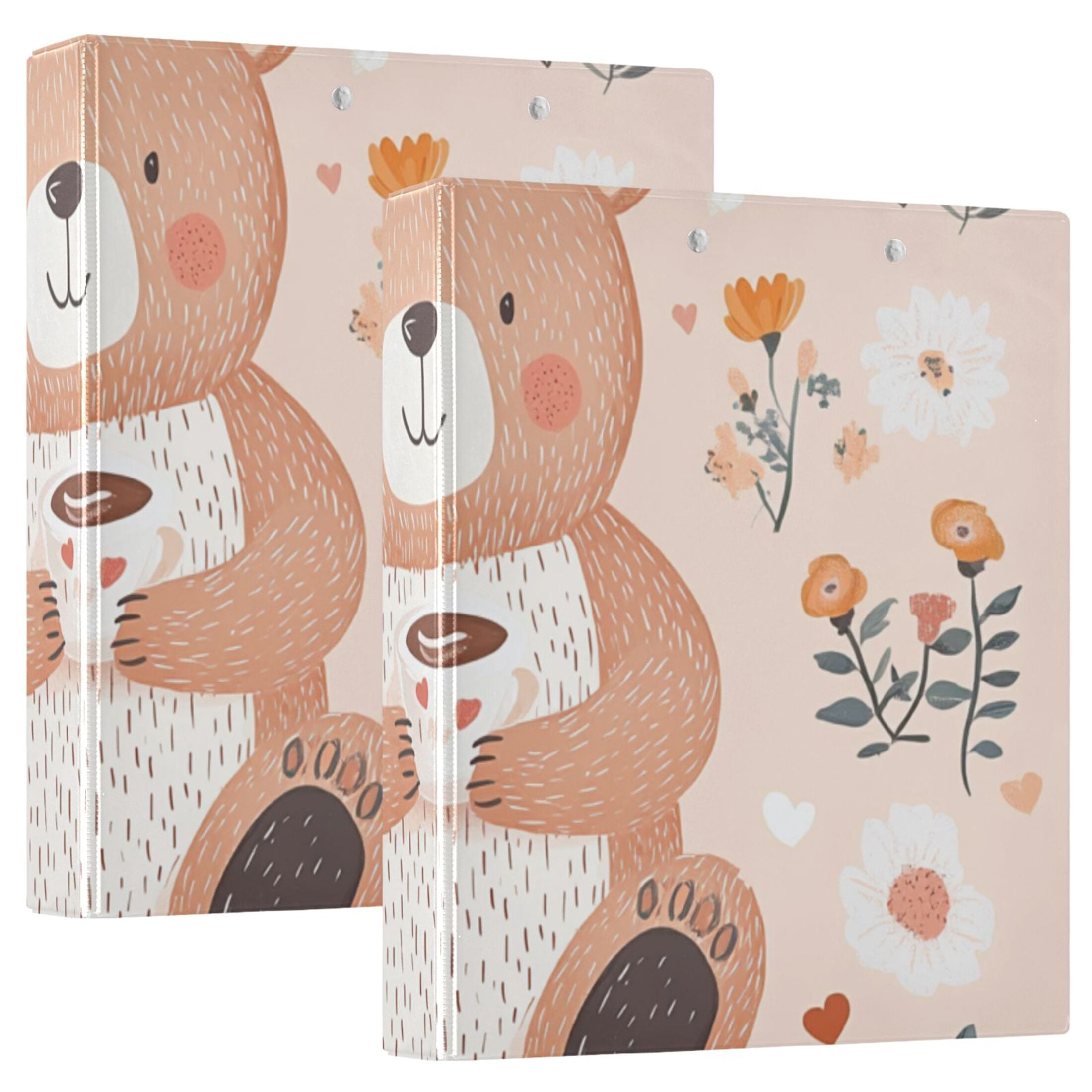 Flowers and Bears 3 Ring Binders 1.5 inch Hardcover File Folders with Interior Pockets A4 Size Organizer for School Office Hospital