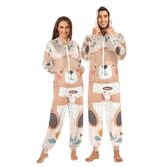 Flowers and Bears Adult Onesie Pajamas Slim Fit Christmas One Piece Suit Pjs for Women and Men Hooded Zipper