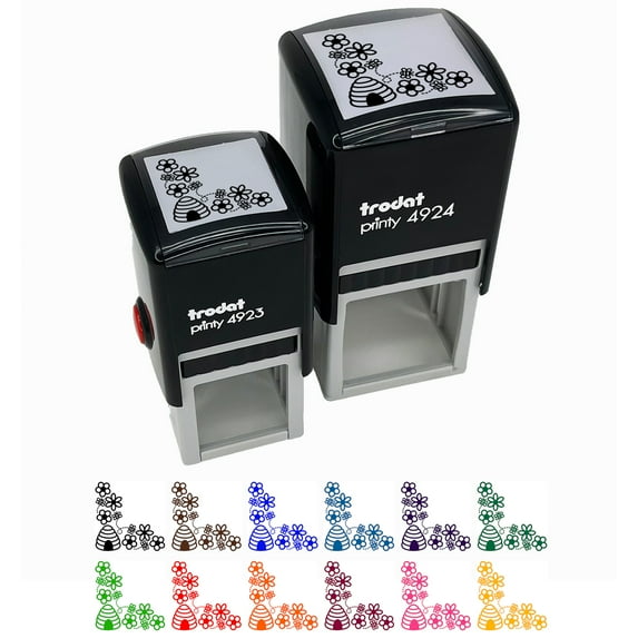 Flowers and Bees Corner Self-Inking Rubber Stamp Ink Stamper - Fuchsia Ink - Small 1 Inch