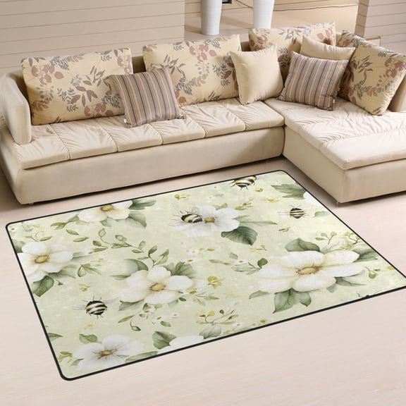 Flowers and Bees Soft Polyester Area Rug 60''x39'', Non Slip, Memory Foam, Water Absorbent