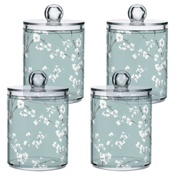 Flowers and Birds Pattern Bathroom Canisters Set of 4 Translucent Plastic Storage for Cotton Pads and Floss