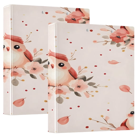 Flowers and Birds Pattern Design 12.4x10.6in PVC Round Ring Binders, 2-Pack, D-Ring 3-Hole, Metal Clip