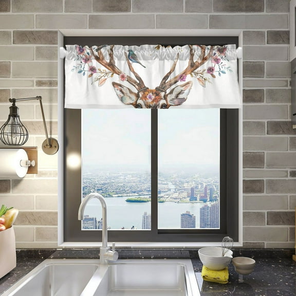Flowers and Birds on Deer Antlers Valance Curtains 54"x18" Rod Pocket for Kitchen Living Room Windows Farmhouse Decor