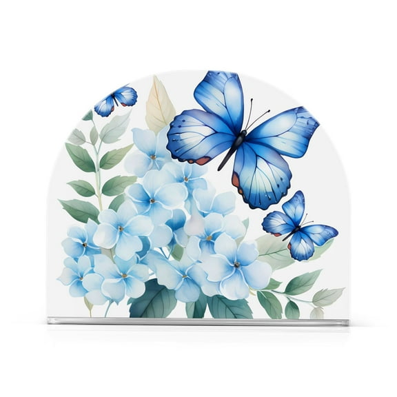 Flowers and Blue Butterflies Acrylic Napkin Holder Clear Paper Tissue Dispenser Kitchen Dining Room Bathroom Party Hotel