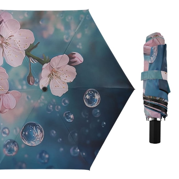 Flowers and Bubbles All Weather Umbrella Triple Folding Parasol 6 Ribs UV Protection Portable
