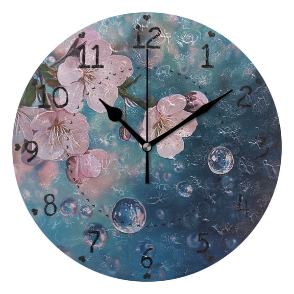 Flowers and Bubbles Round Wall Clock Silent Analog Battery Operated Black Pointer Home Decor 9.84" Diameter