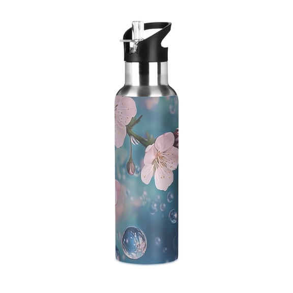Flowers and Bubbles Sports Bottle with Straw Stainless Steel Water Jug Portable Thermal Cup Leak-proof 600ML