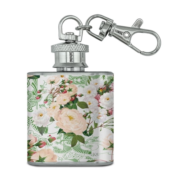 Flowers and Buds Pattern Stainless Steel 1oz Mini Flask Key Chain