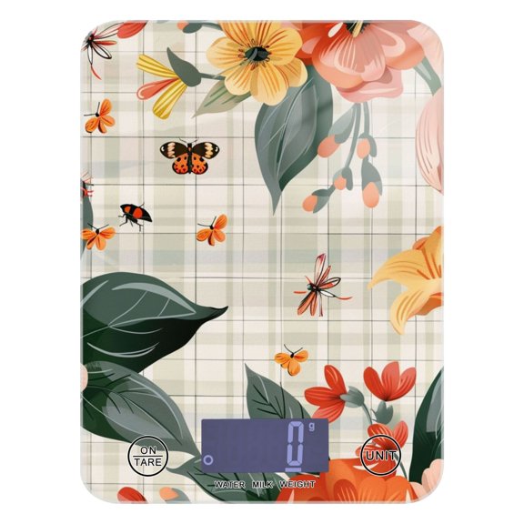 Flowers and Butterflies Food Scale Digital Kitchen Scale Waterproof Tempered Glass Tare Function 11 lb for Baking Cooking Meal Prep