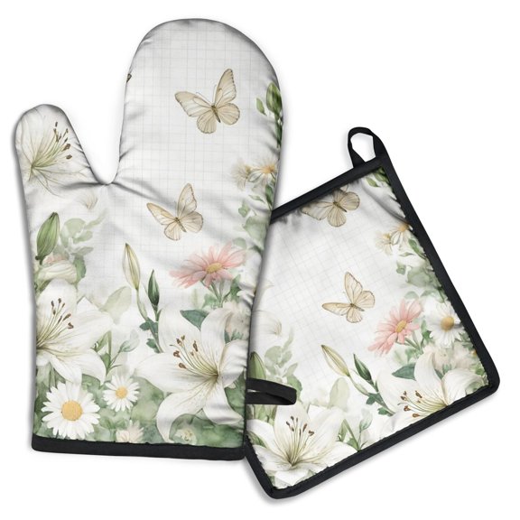 Flowers and Butterflies Kitchen Oven Mitt and Pot Holder Sets 2 Pcs for Baking, Cooking and Grilling, Heat Resistant Up To 392 °F