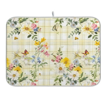 Flowers and Butterflies on Plaid Dish Drying Mat 16x18 Absorbent Microfiber Draining Rack Pad for Kitchen Counter Sink